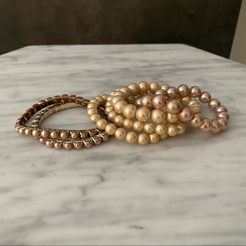 Bundle of six Gold and Rose Gold pearl stretchy bracelets